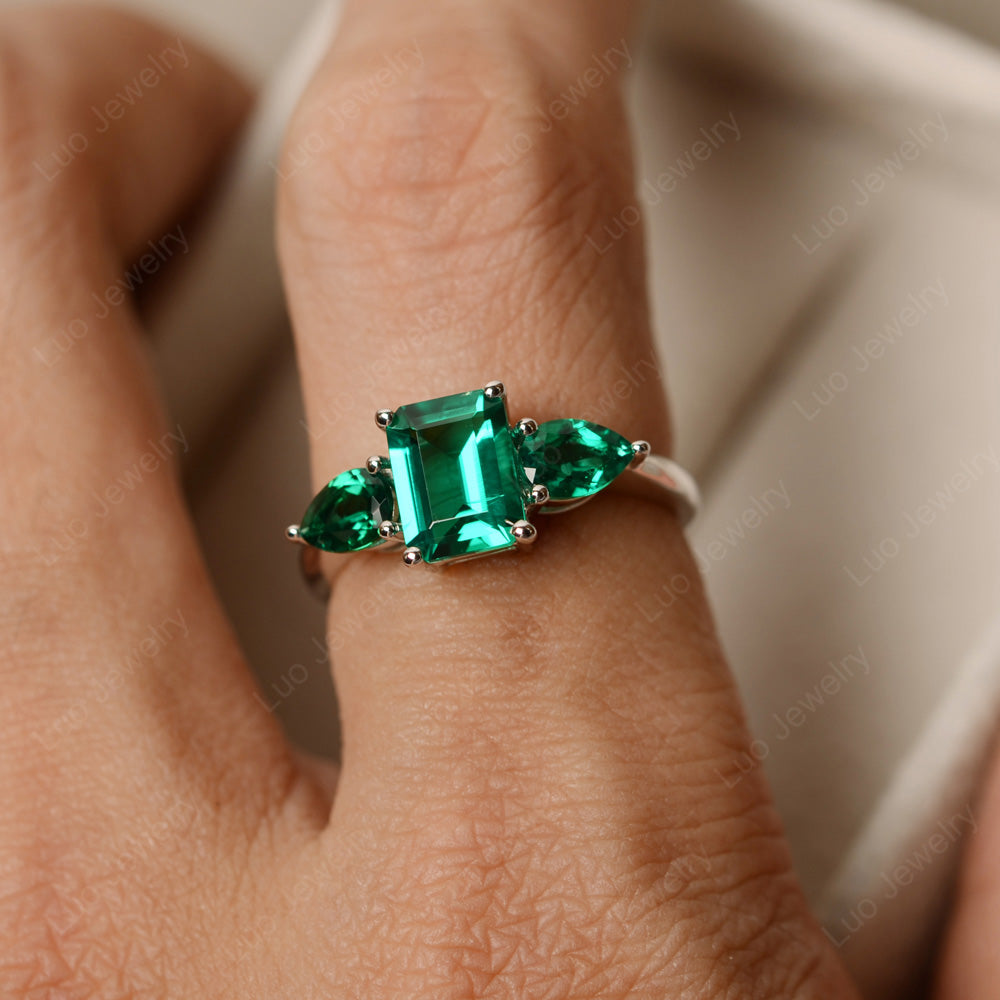 Emerald Cut Lab Emerald Ring With Pear Side Stone - LUO Jewelry