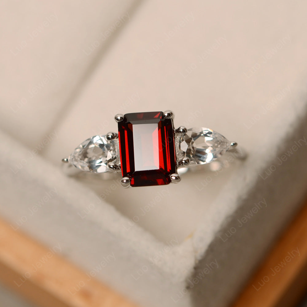 Emerald Cut Garnet Ring With Pear Side Stone - LUO Jewelry