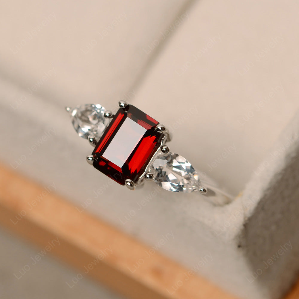 Emerald Cut Garnet Ring With Pear Side Stone - LUO Jewelry