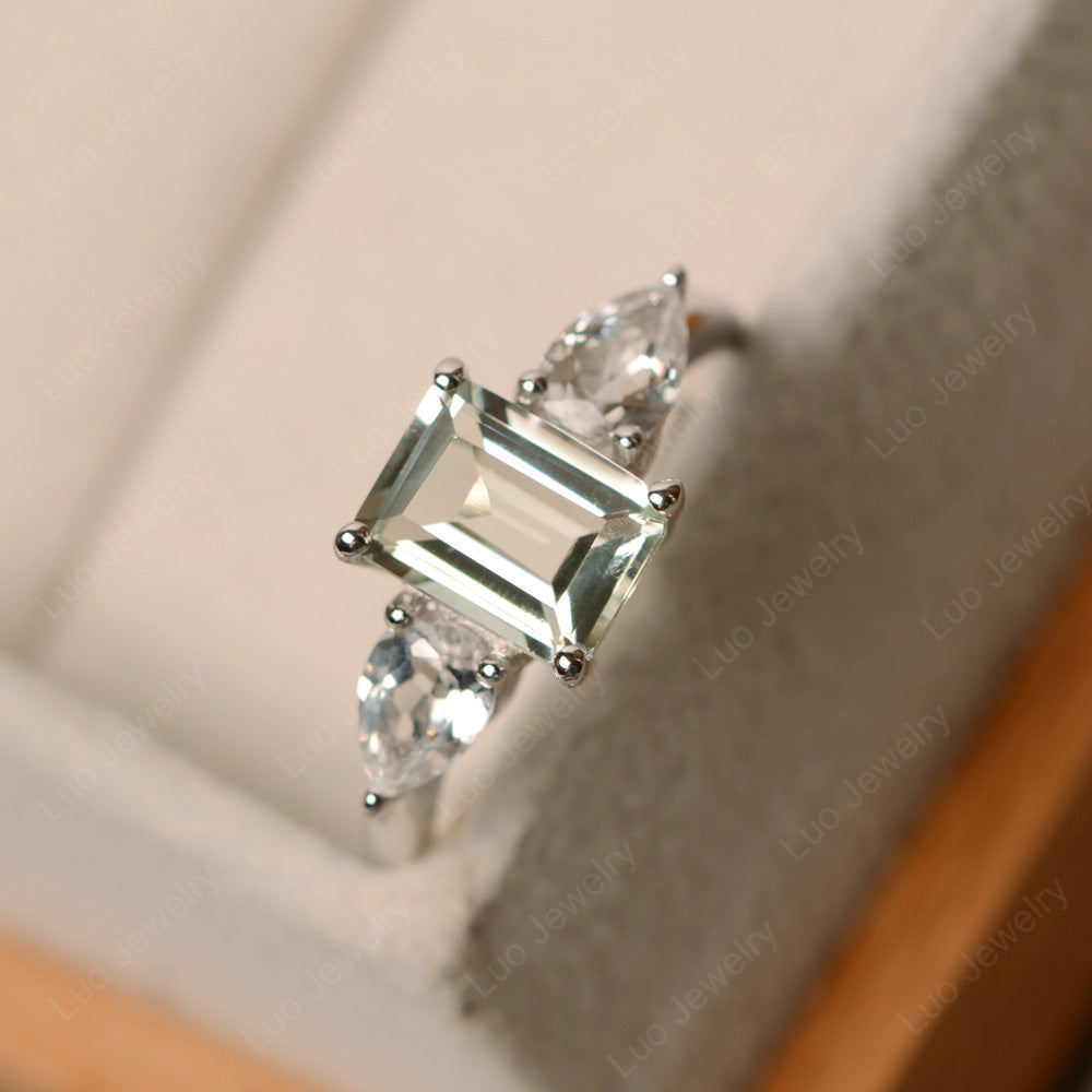 Emerald Cut Green Amethyst Ring With Pear Side Stone - LUO Jewelry