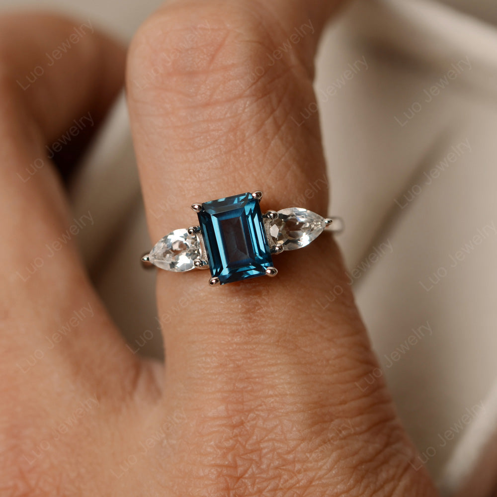 Emerald Cut London Blue Topaz Ring With Pear Side Stone - LUO Jewelry