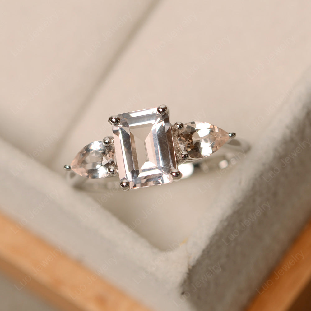 Emerald Cut Morganite Ring With Pear Side Stone - LUO Jewelry
