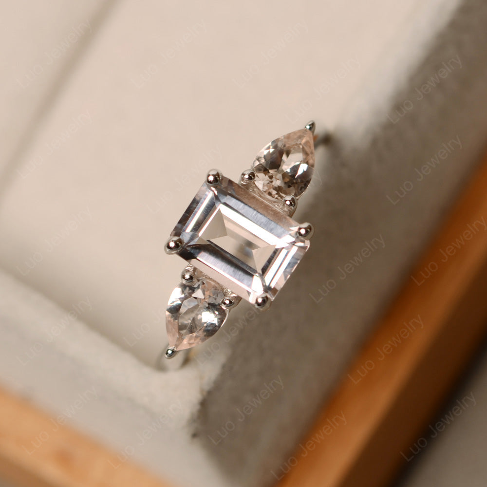 Emerald Cut Morganite Ring With Pear Side Stone - LUO Jewelry