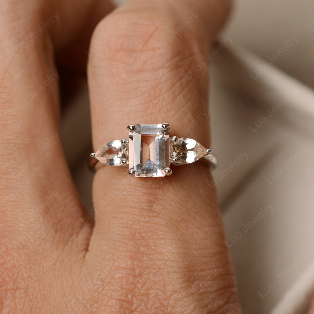 Emerald Cut Morganite Ring With Pear Side Stone - LUO Jewelry