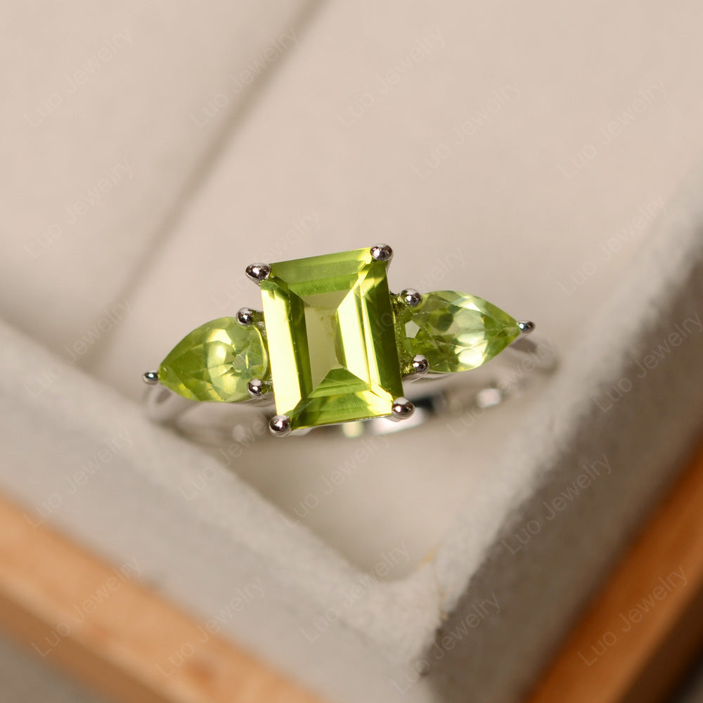 Emerald Cut Peridot Ring With Pear Side Stone - LUO Jewelry