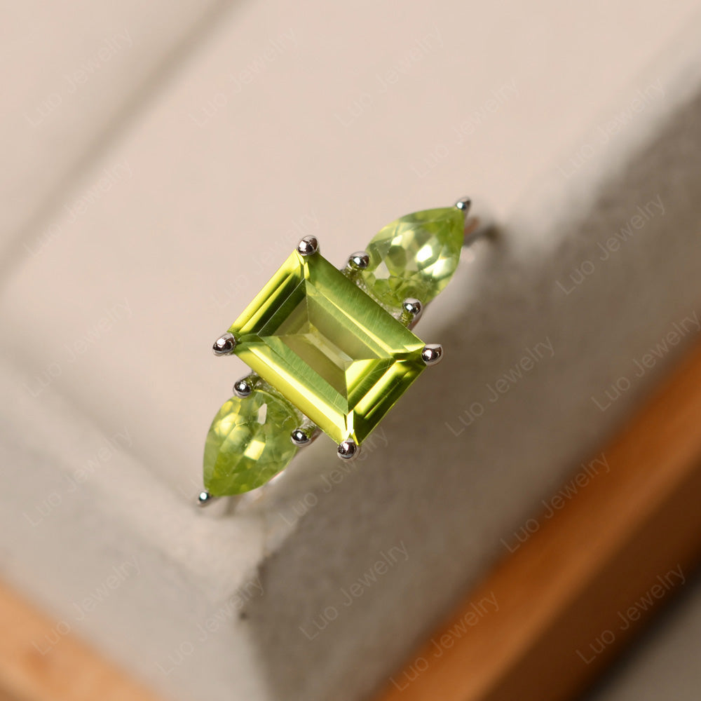 Emerald Cut Peridot Ring With Pear Side Stone - LUO Jewelry
