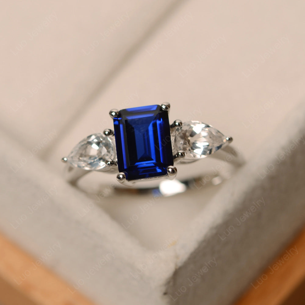 Emerald Cut Lab Sapphire Ring With Pear Side Stone - LUO Jewelry