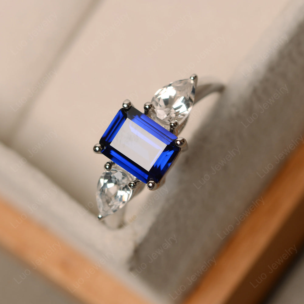 Emerald Cut Lab Sapphire Ring With Pear Side Stone - LUO Jewelry