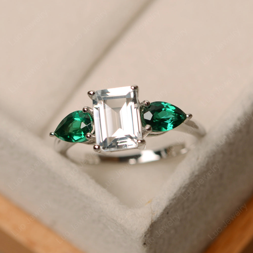 Emerald Cut White Topaz Ring With Pear Side Stone - LUO Jewelry