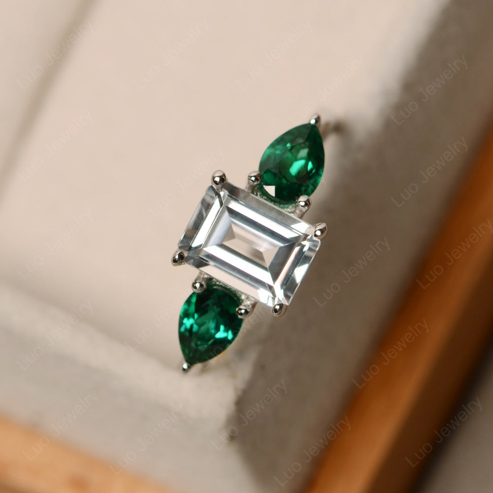 Emerald Cut White Topaz Ring With Pear Side Stone - LUO Jewelry