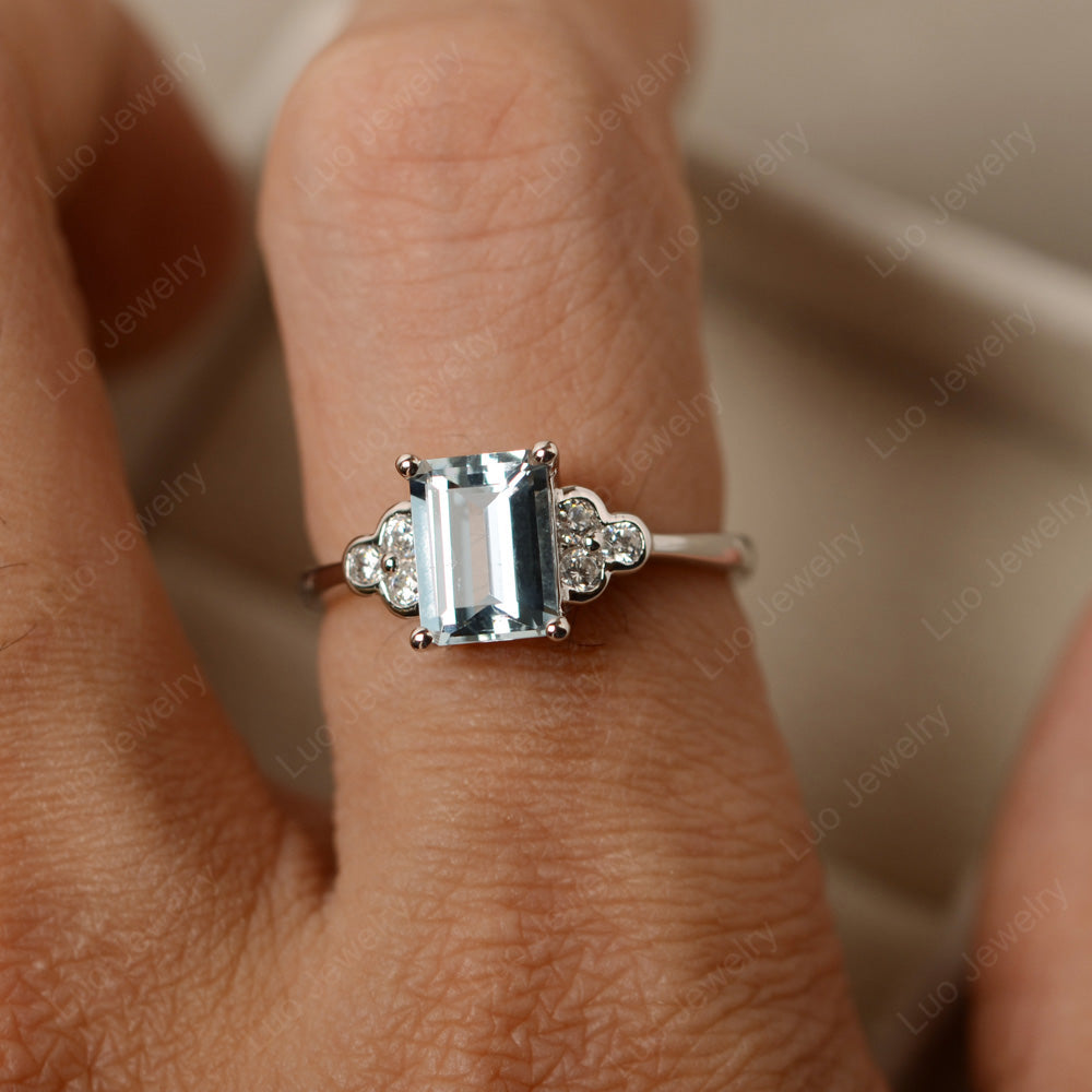 Vintage Emerald Cut Aquamarine Wedding Ring - LUO Jewelry