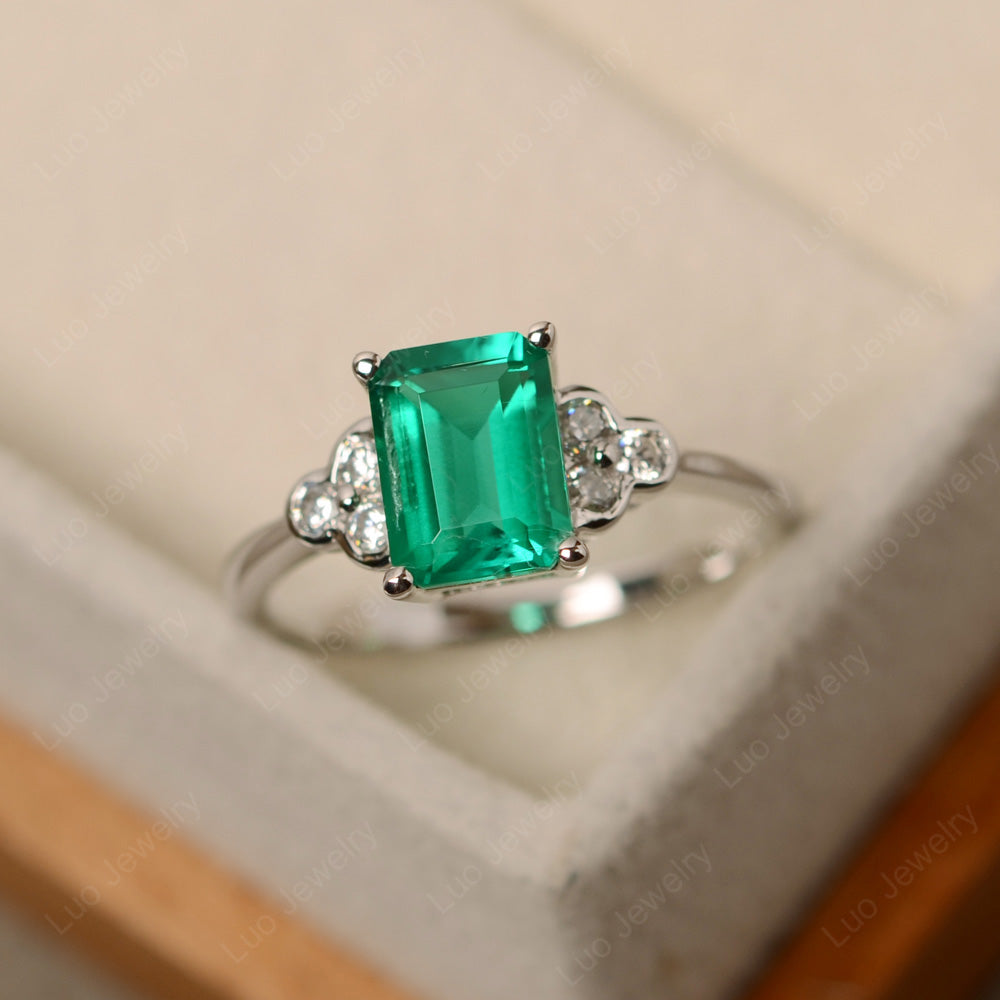 Vintage Emerald Cut Lab Emerald Wedding Ring - LUO Jewelry