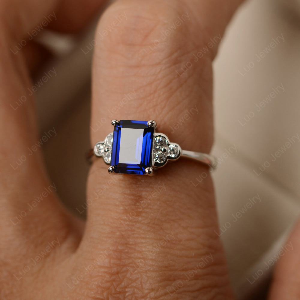 Vintage Emerald Cut Lab Sapphire Wedding Ring - LUO Jewelry