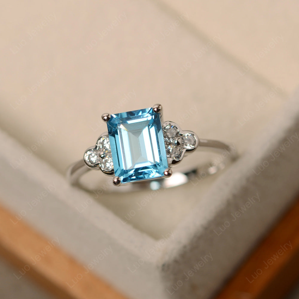 Vintage Emerald Cut Swiss Blue Topaz Wedding Ring - LUO Jewelry