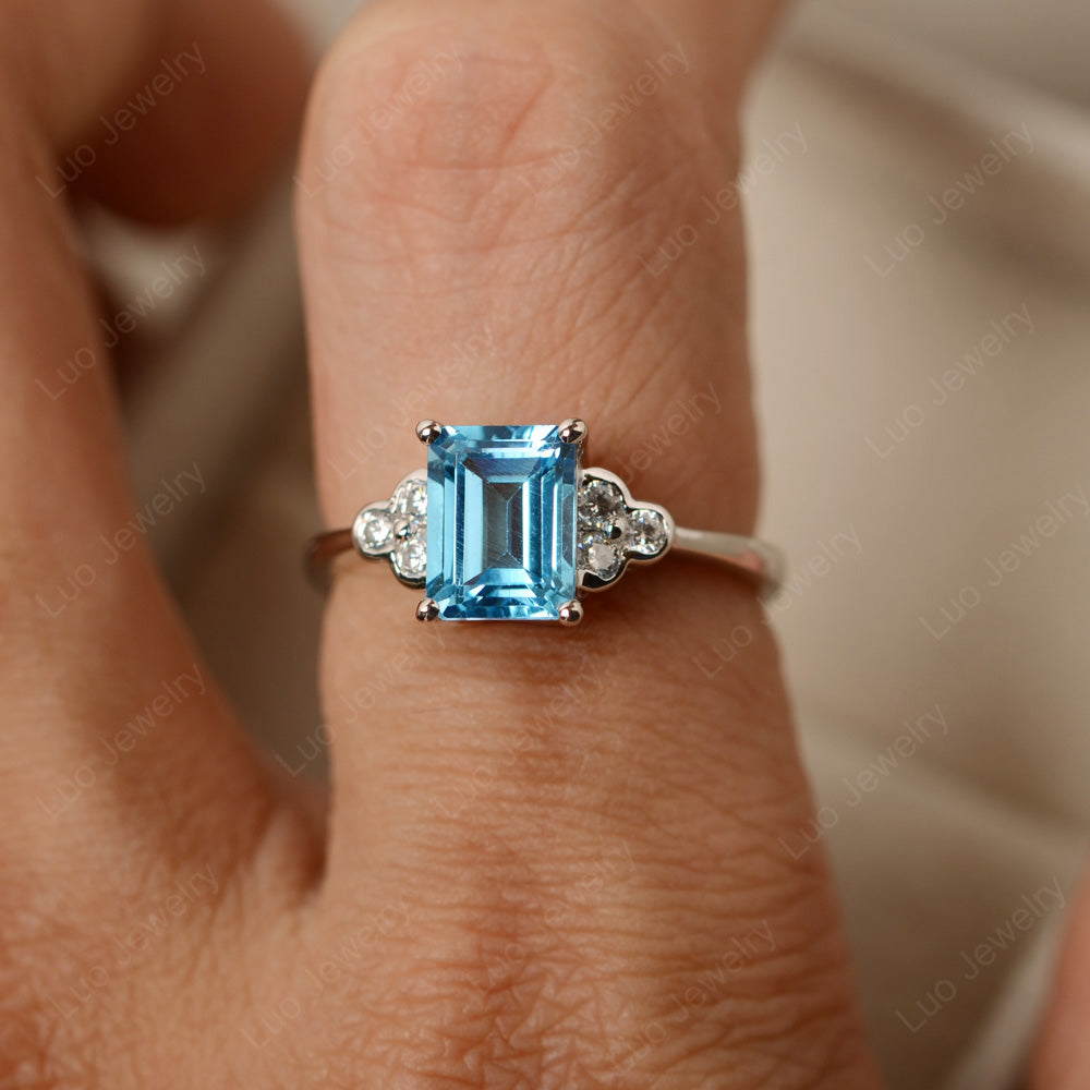 Vintage Emerald Cut Swiss Blue Topaz Wedding Ring - LUO Jewelry