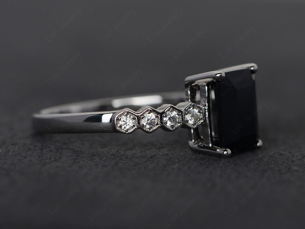 Black Spinel Engagement Honeycomb Ring Silver - LUO Jewelry