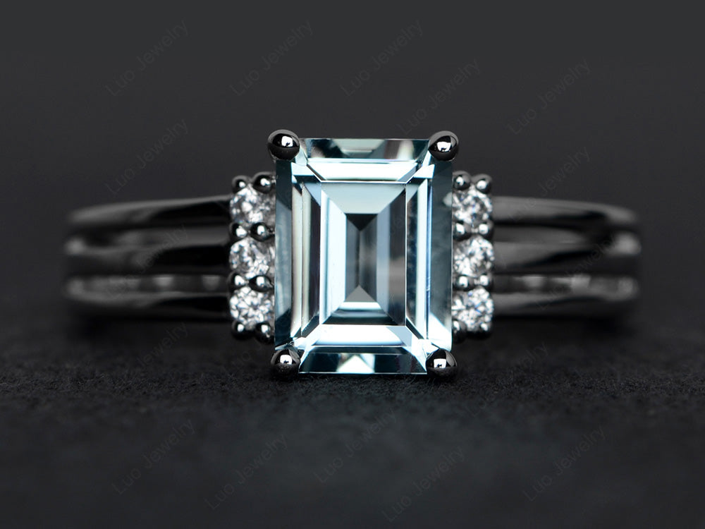 Emerald Cut Aquamarine Split Shank Wedding Ring - LUO Jewelry