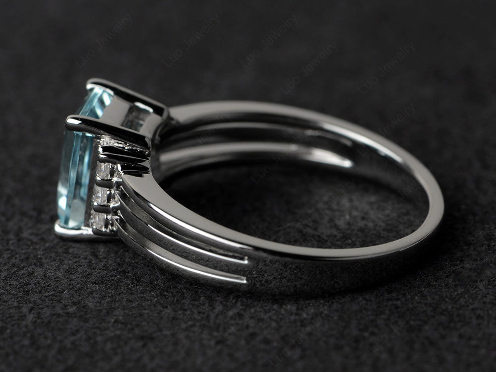 Emerald Cut Aquamarine Split Shank Wedding Ring - LUO Jewelry