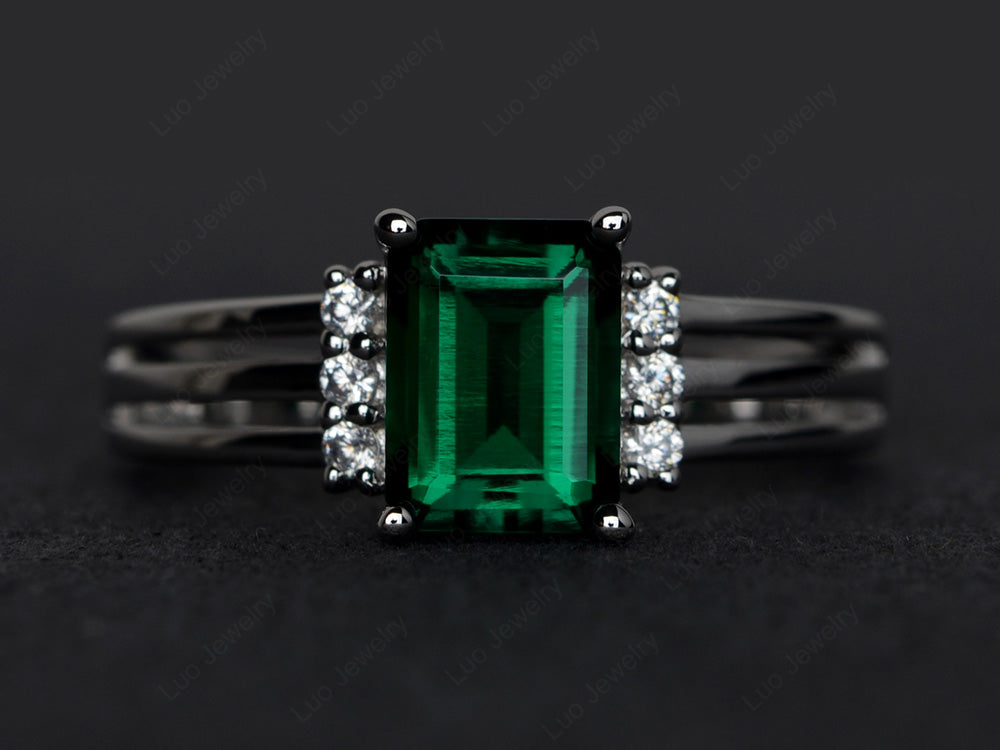 Emerald Cut Lab Emerald Split Shank Wedding Ring - LUO Jewelry