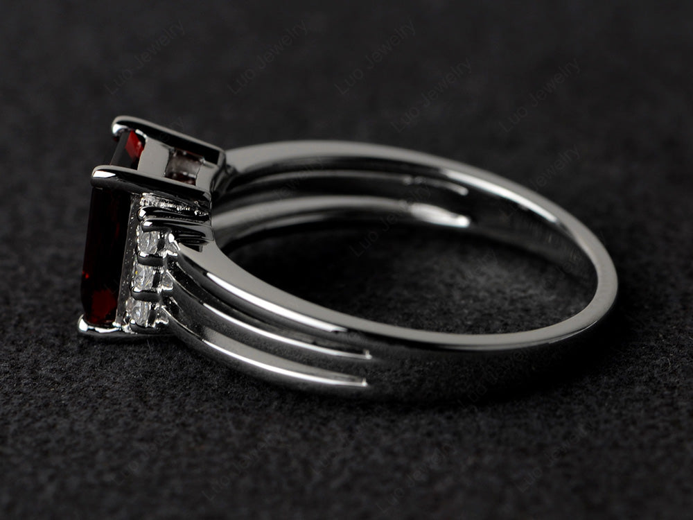 Emerald Cut Garnet Split Shank Wedding Ring - LUO Jewelry