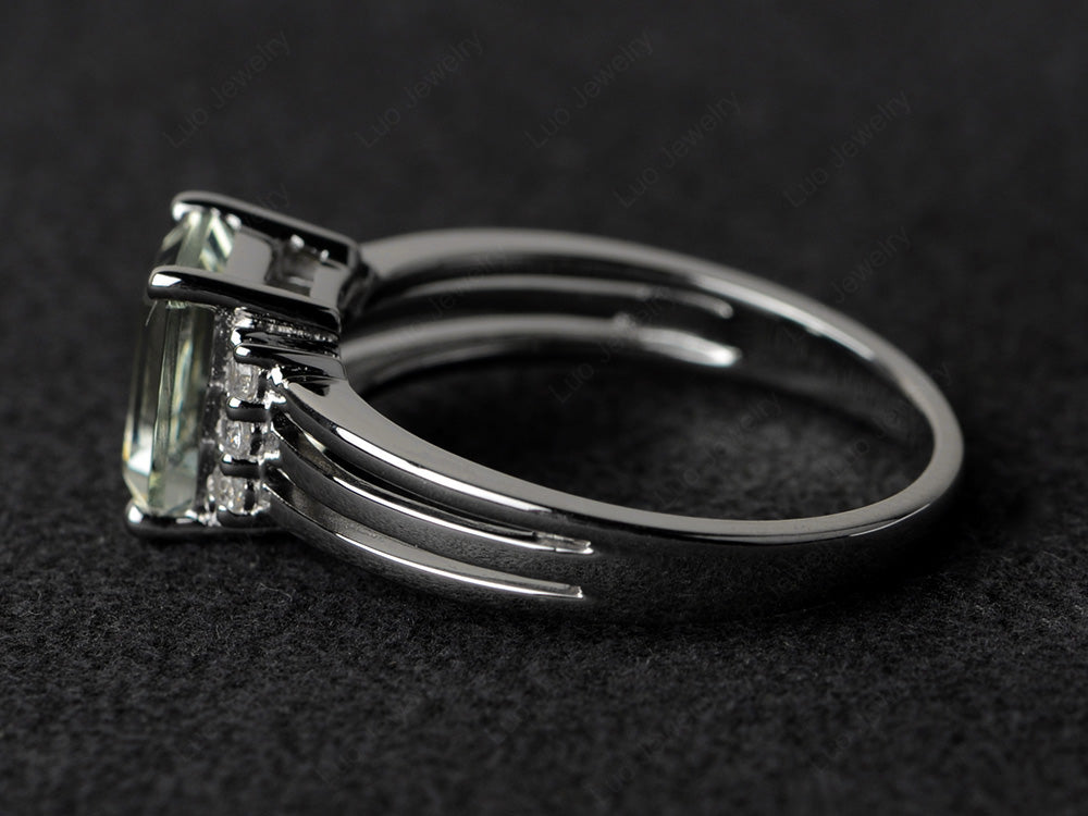 Emerald Cut Green Amethyst Split Shank Wedding Ring - LUO Jewelry