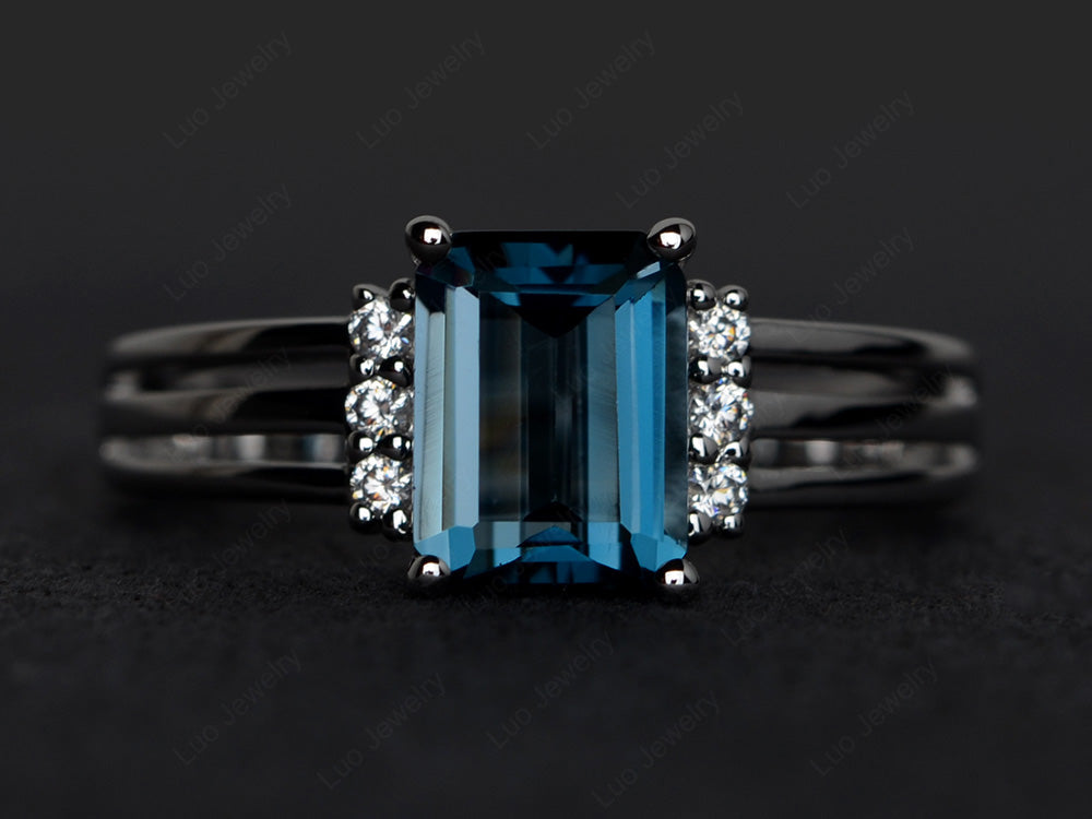Emerald Cut London Blue Topaz Split Shank Wedding Ring - LUO Jewelry