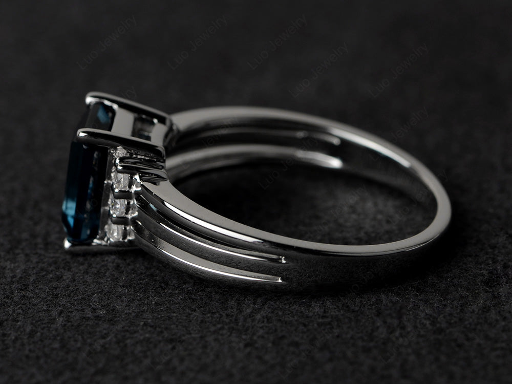 Emerald Cut London Blue Topaz Split Shank Wedding Ring - LUO Jewelry