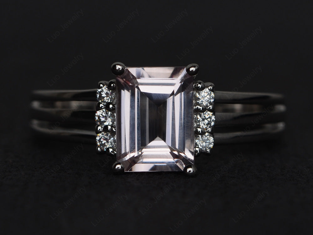 Emerald Cut Morganite Split Shank Wedding Ring - LUO Jewelry