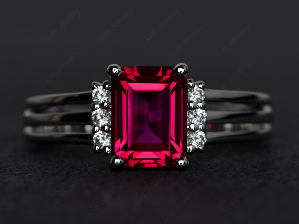 Emerald Cut Ruby Split Shank Wedding Ring - LUO Jewelry