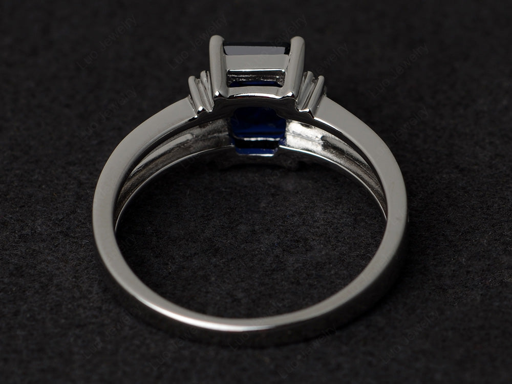 Emerald Cut Lab Sapphire Split Shank Wedding Ring - LUO Jewelry
