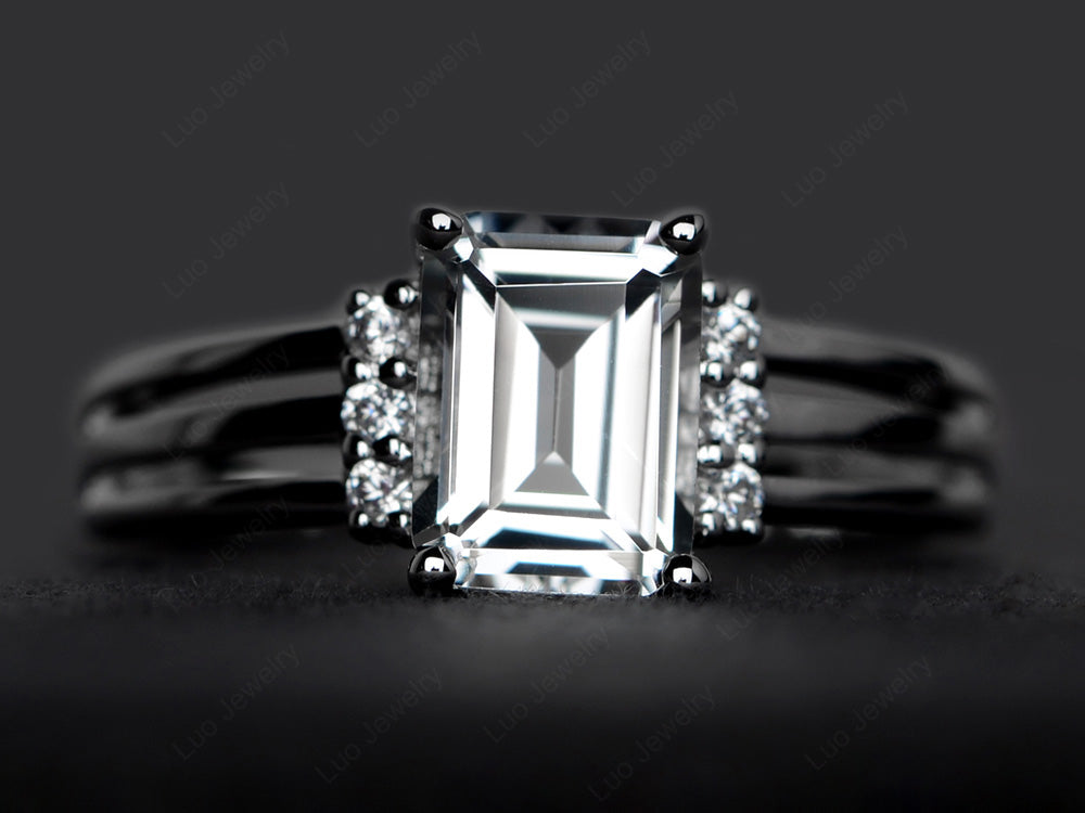 Emerald Cut White Topaz Split Shank Wedding Ring - LUO Jewelry