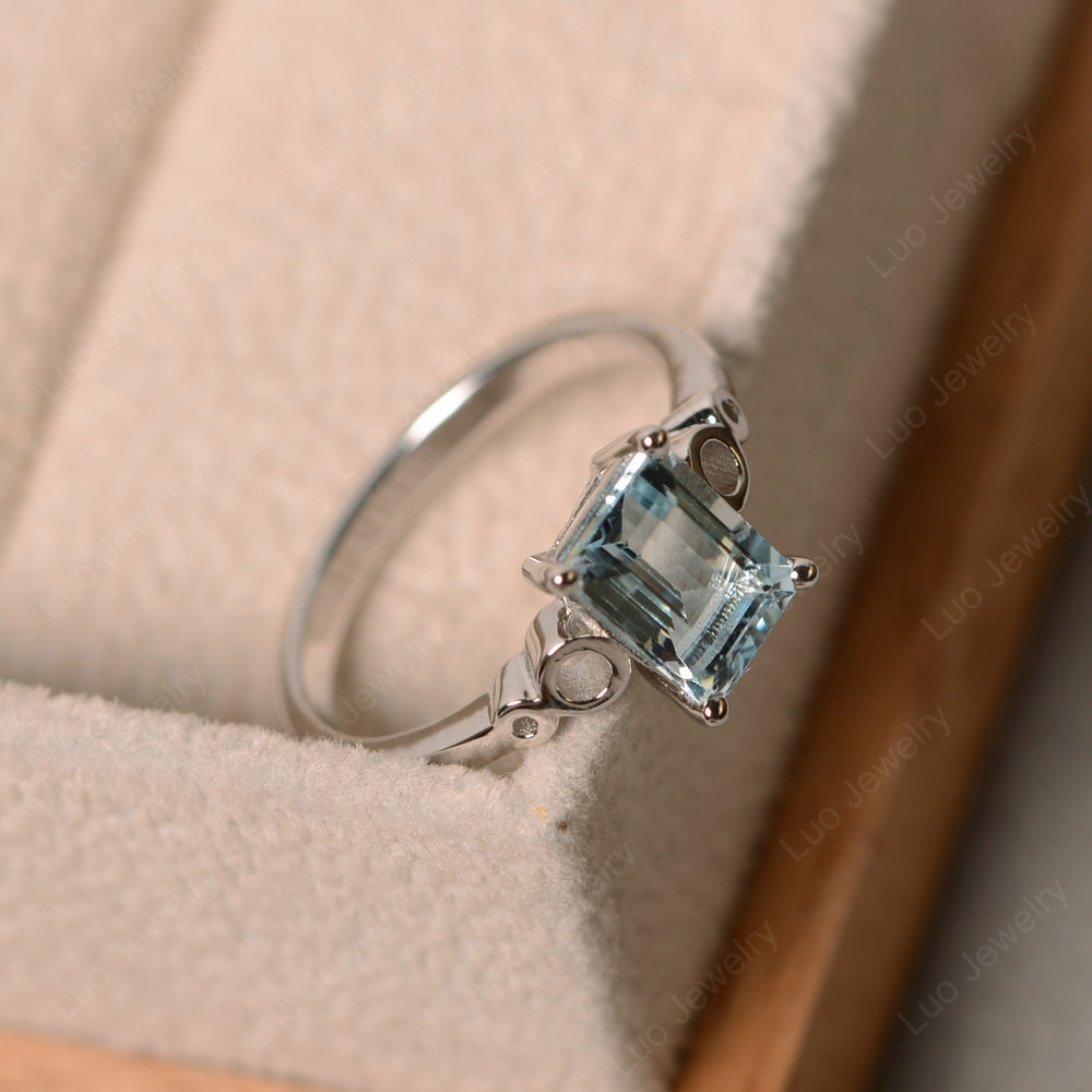 Antique Emerald Cut Aquamarine Solitaire Ring - LUO Jewelry