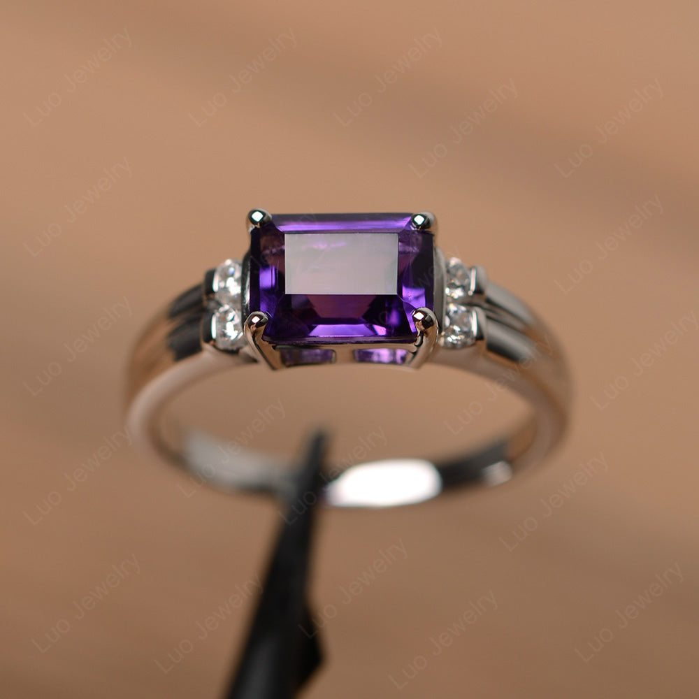 Emerald Cut East West Amethyst Ring Silver - LUO Jewelry