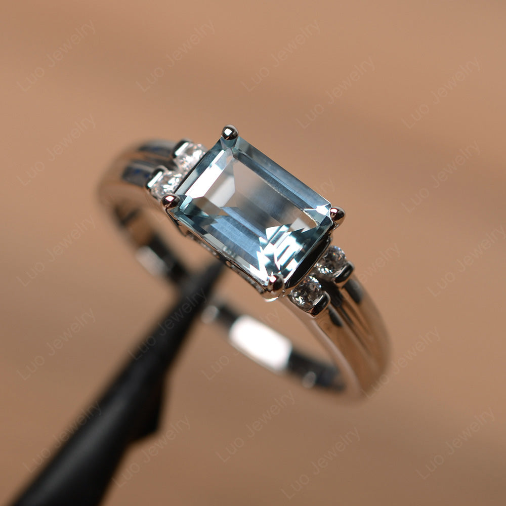 Emerald Cut East West Aquamarine Ring Silver - LUO Jewelry