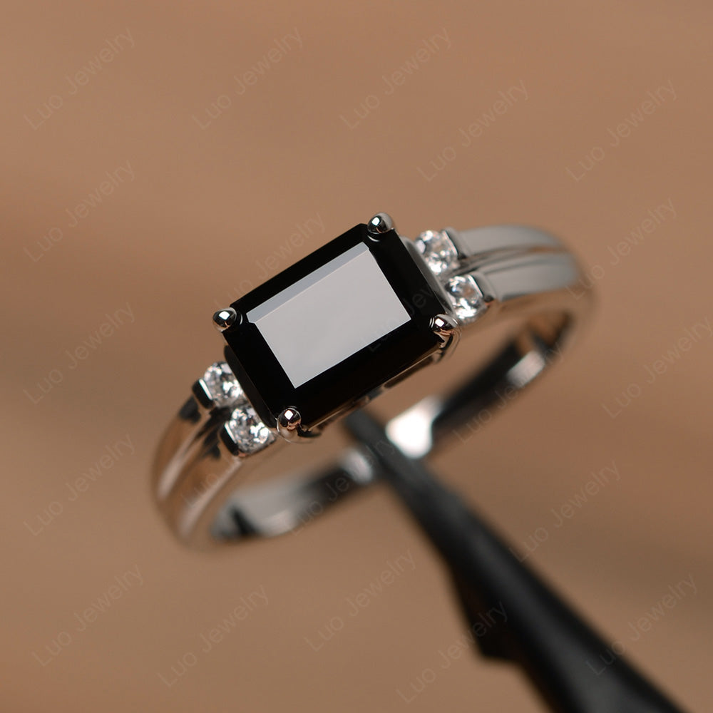Emerald Cut East West Black Spinel Ring Silver - LUO Jewelry