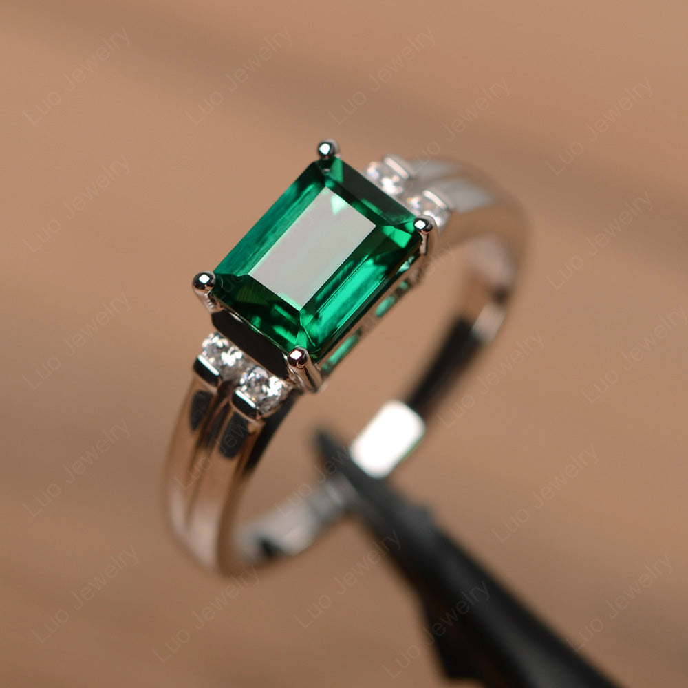 Emerald Cut East West Lab Emerald Ring Silver - LUO Jewelry