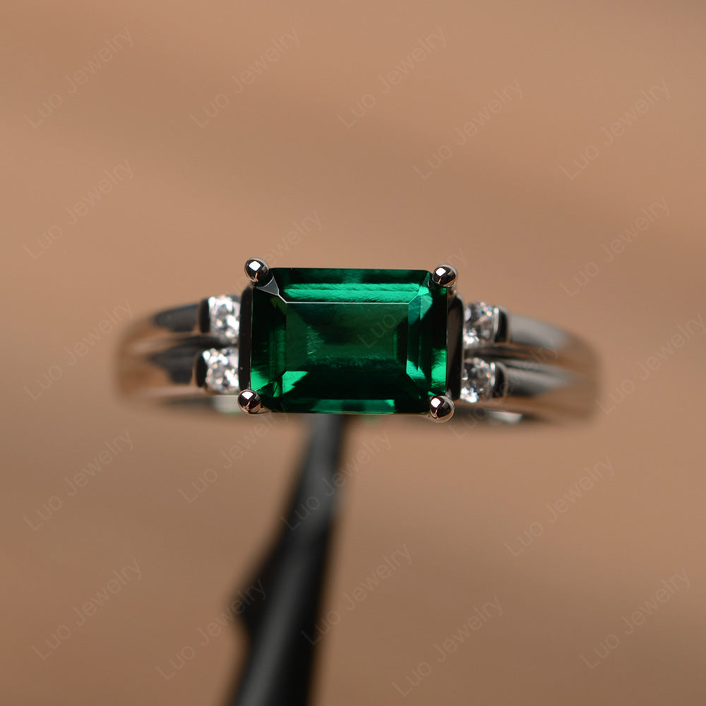 Emerald Cut East West Lab Emerald Ring Silver - LUO Jewelry