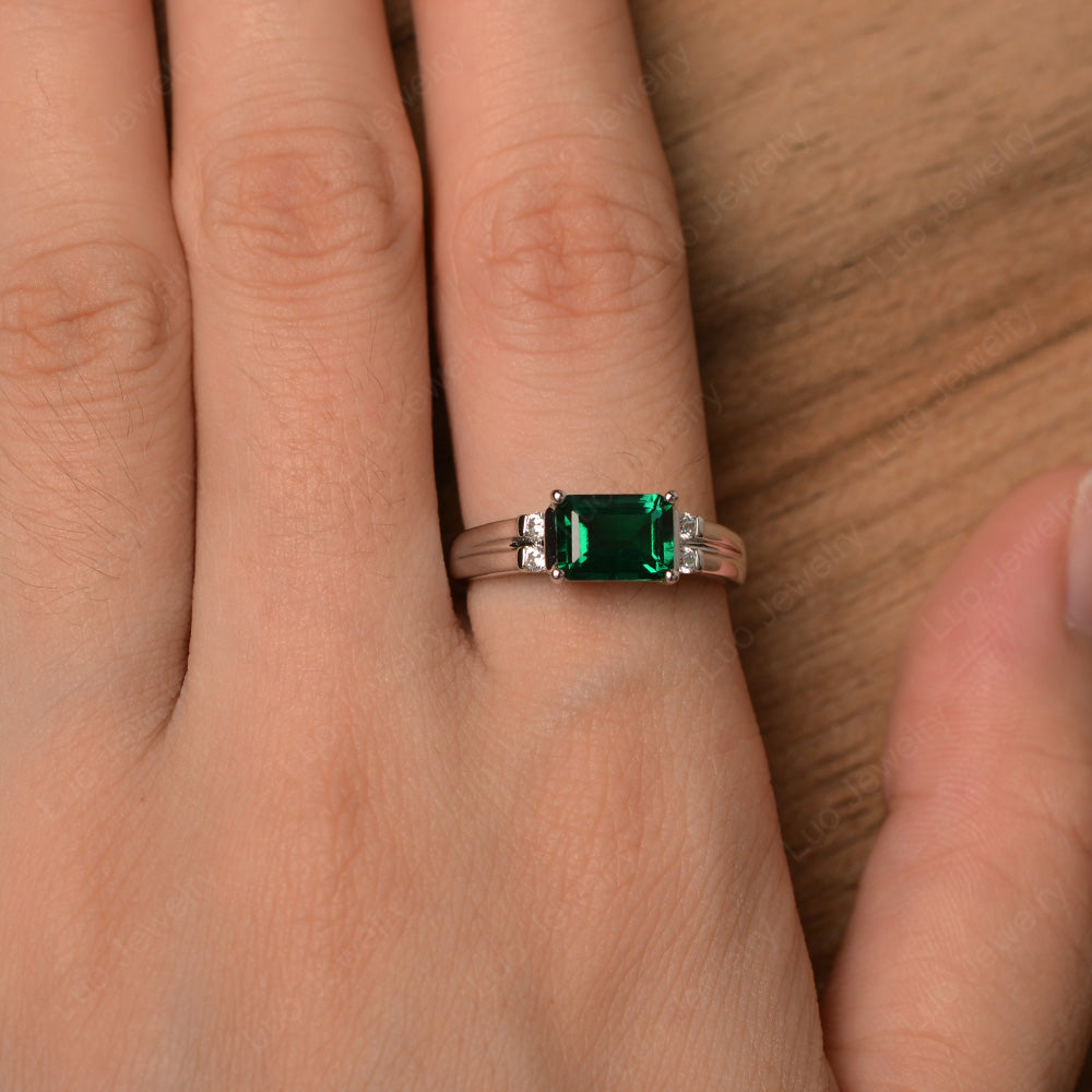 Emerald Cut East West Lab Emerald Ring Silver - LUO Jewelry