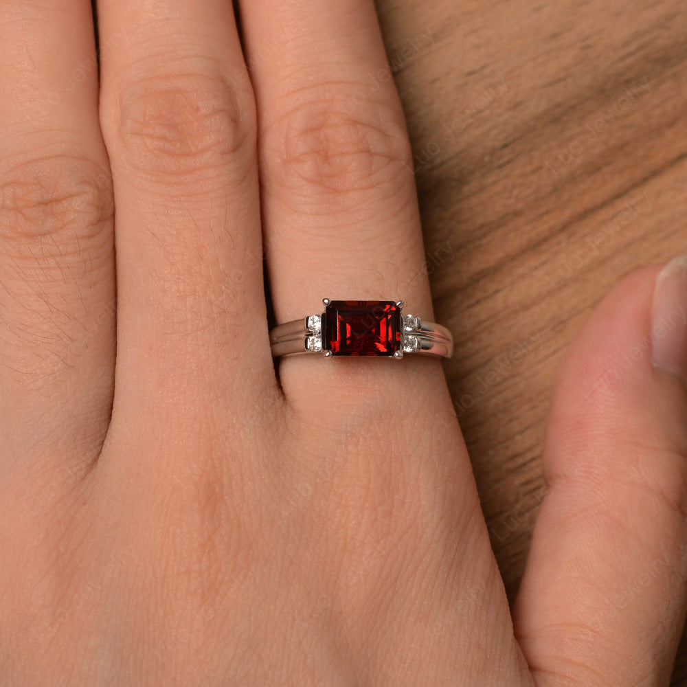 Emerald Cut East West Garnet Ring Silver - LUO Jewelry