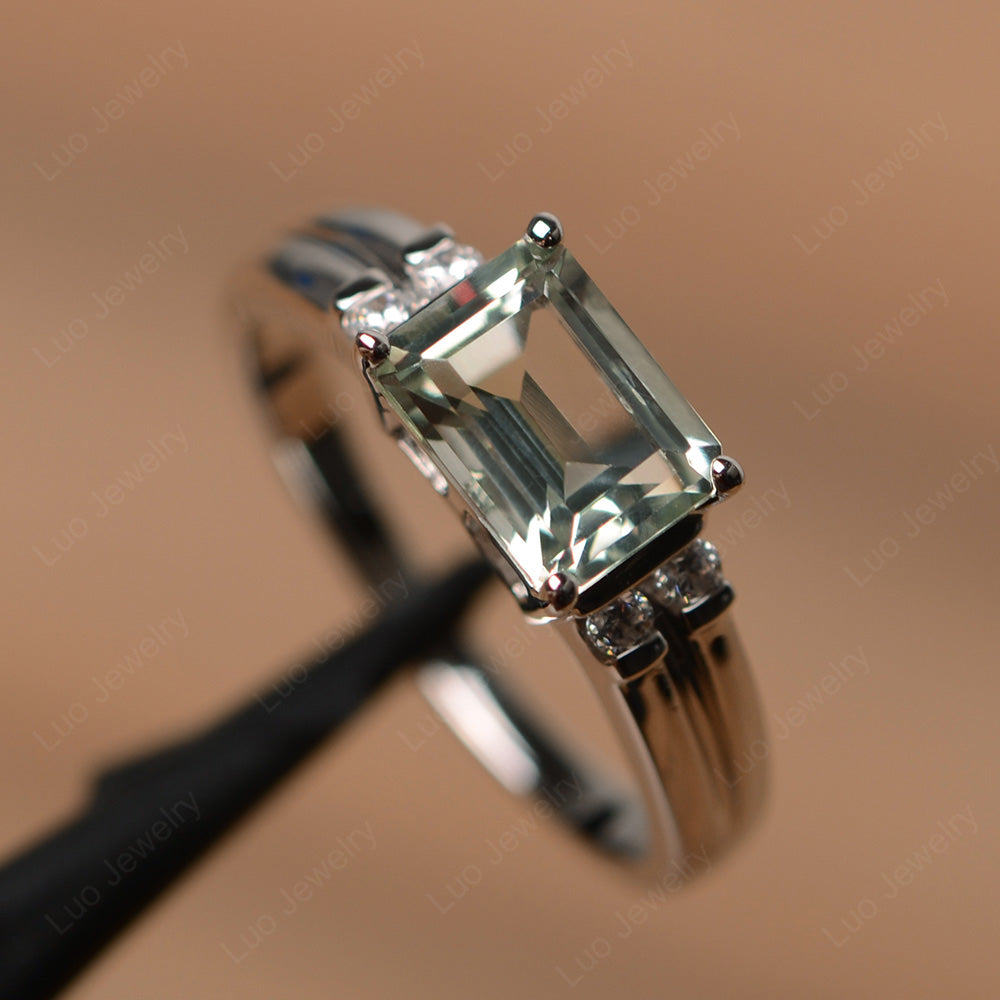 Emerald Cut East West Green Amethyst Ring Silver - LUO Jewelry