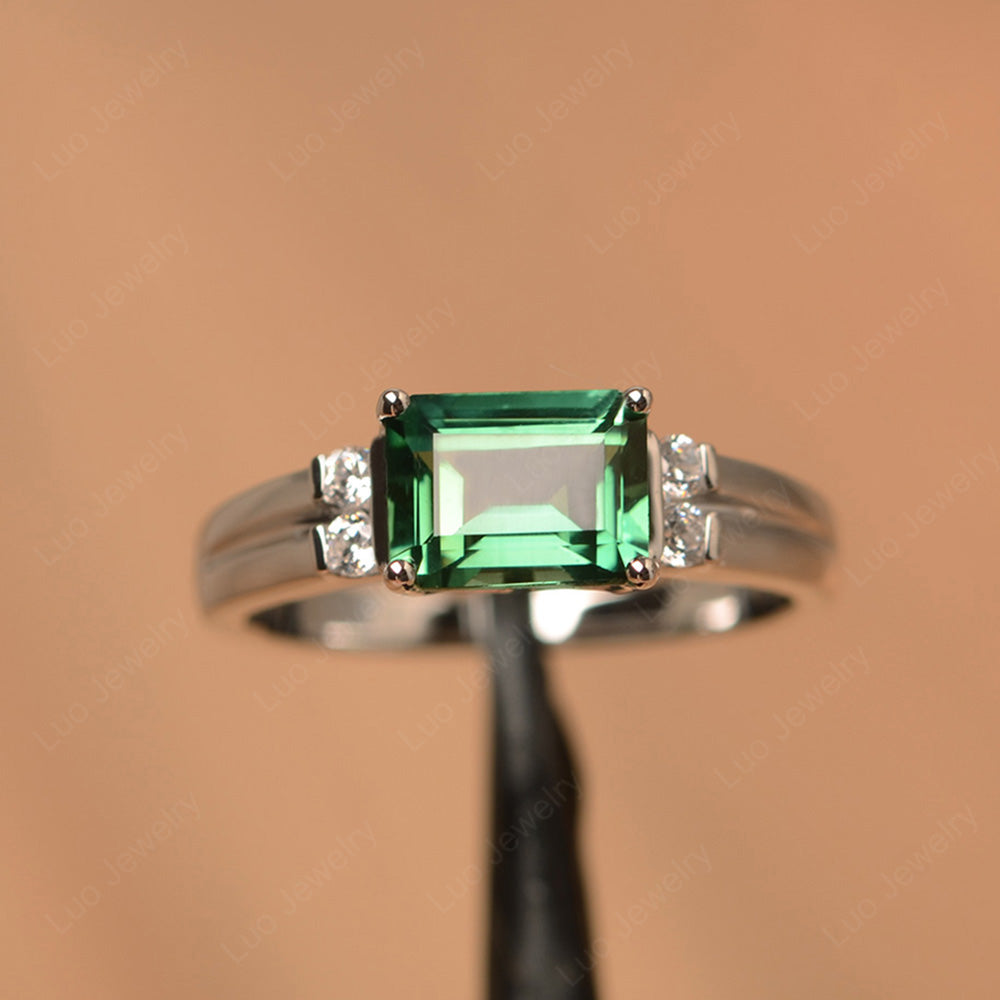 Emerald Cut East West Green Sapphire Ring Silver - LUO Jewelry