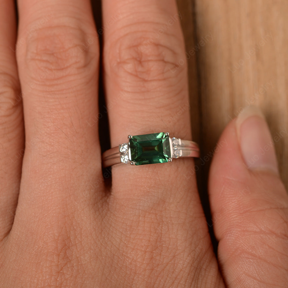 Emerald Cut East West Green Sapphire Ring Silver - LUO Jewelry