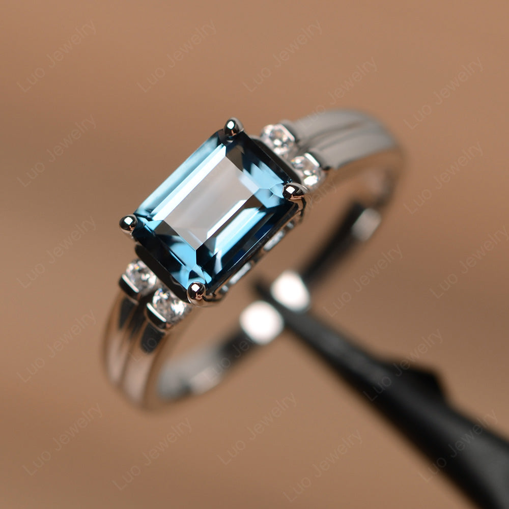 Emerald Cut East West London Blue Topaz Ring Silver - LUO Jewelry