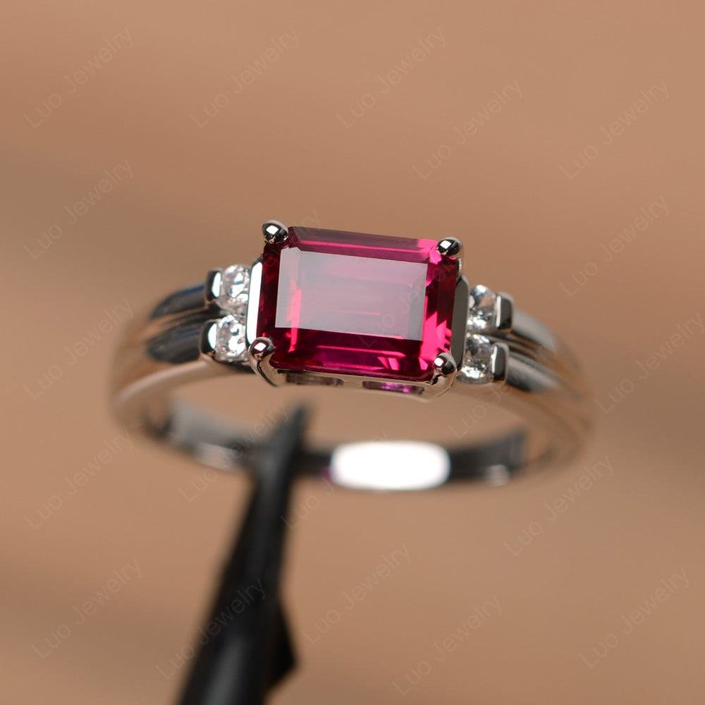 Emerald Cut East West Ruby Ring Silver - LUO Jewelry