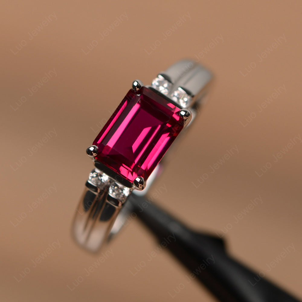 Emerald Cut East West Ruby Ring Silver - LUO Jewelry