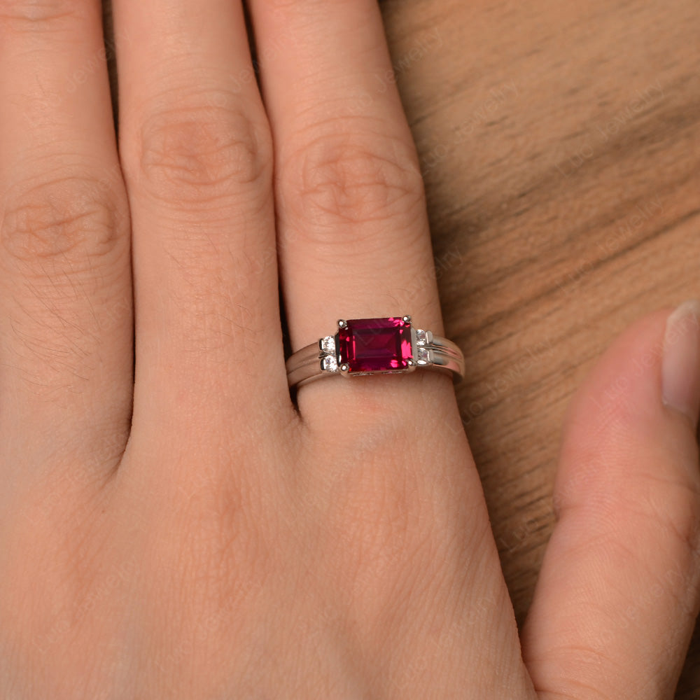 Emerald Cut East West Ruby Ring Silver - LUO Jewelry