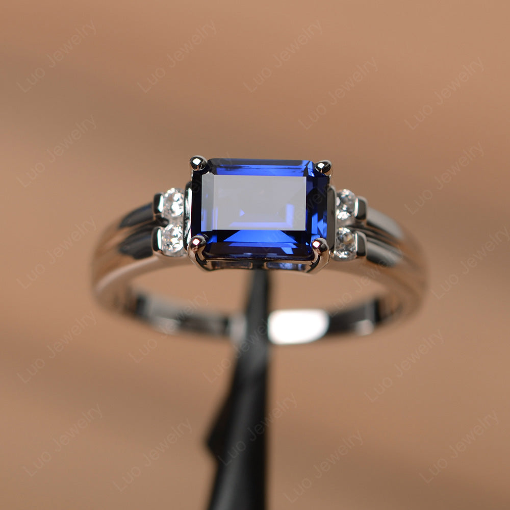 Emerald Cut East West Lab Sapphire Ring Silver - LUO Jewelry