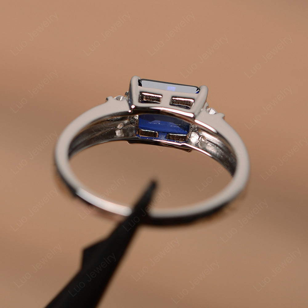 Emerald Cut East West Lab Sapphire Ring Silver - LUO Jewelry