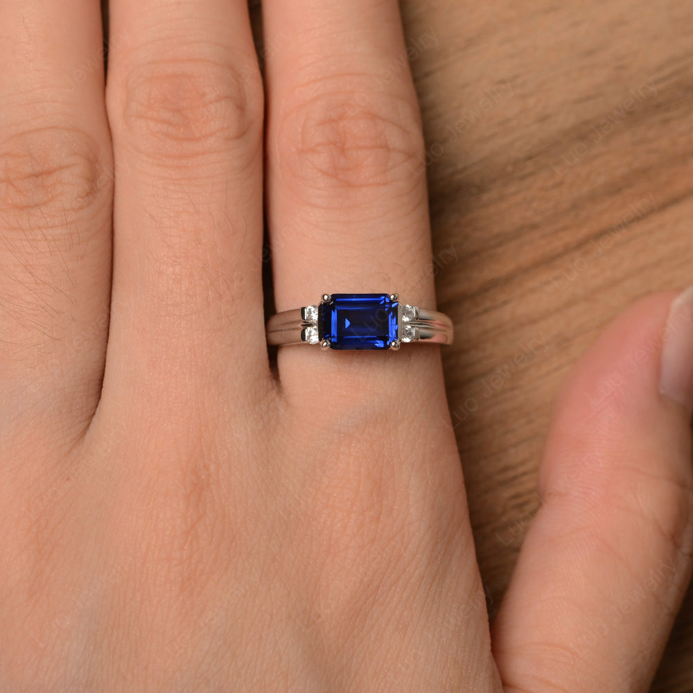 Emerald Cut East West Lab Sapphire Ring Silver - LUO Jewelry