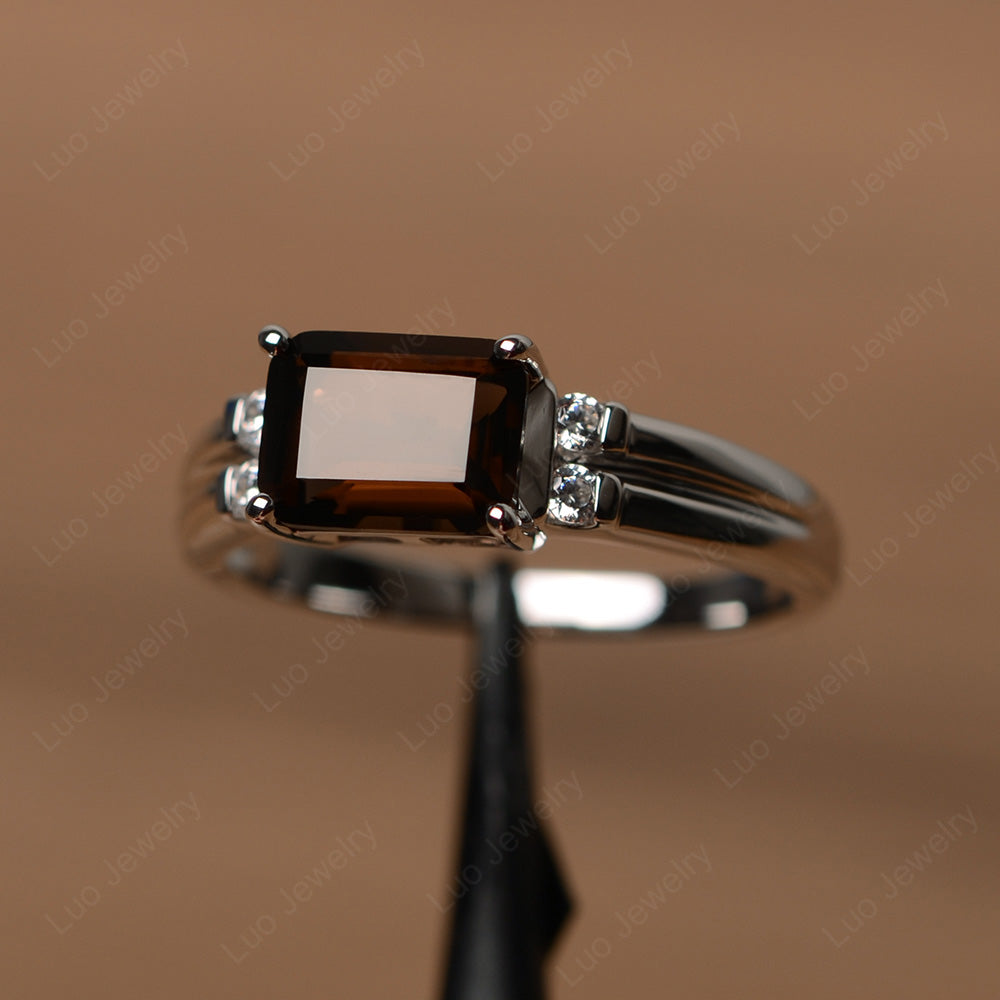 Emerald Cut East West Smoky Quartz  Ring Silver - LUO Jewelry